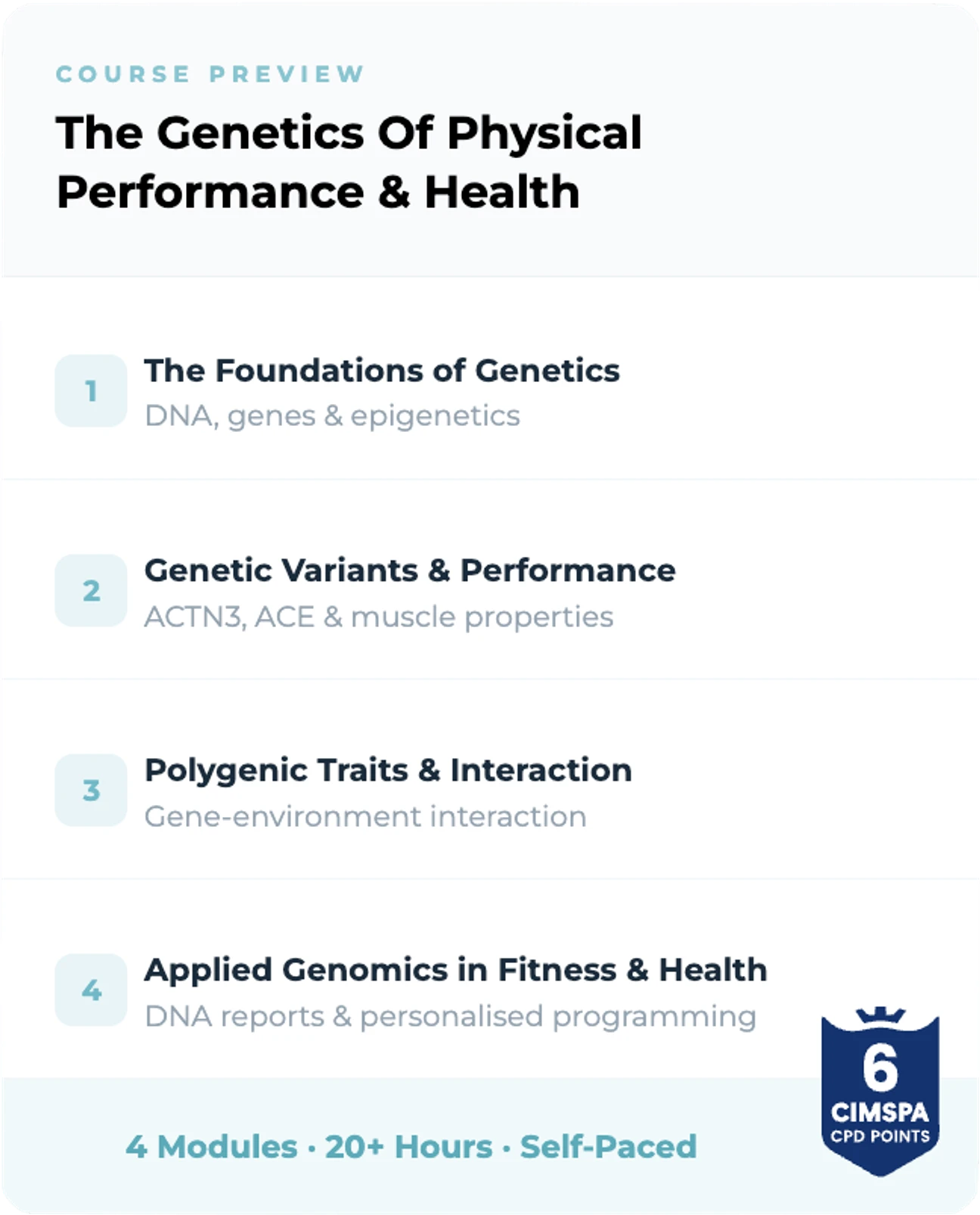 Anteprima del corso: La genetica delle prestazioni fisiche e della salute — quattro moduli, oltre 6 ore, da seguire secondo i propri ritmi, 6 punti CPD CIMSPA