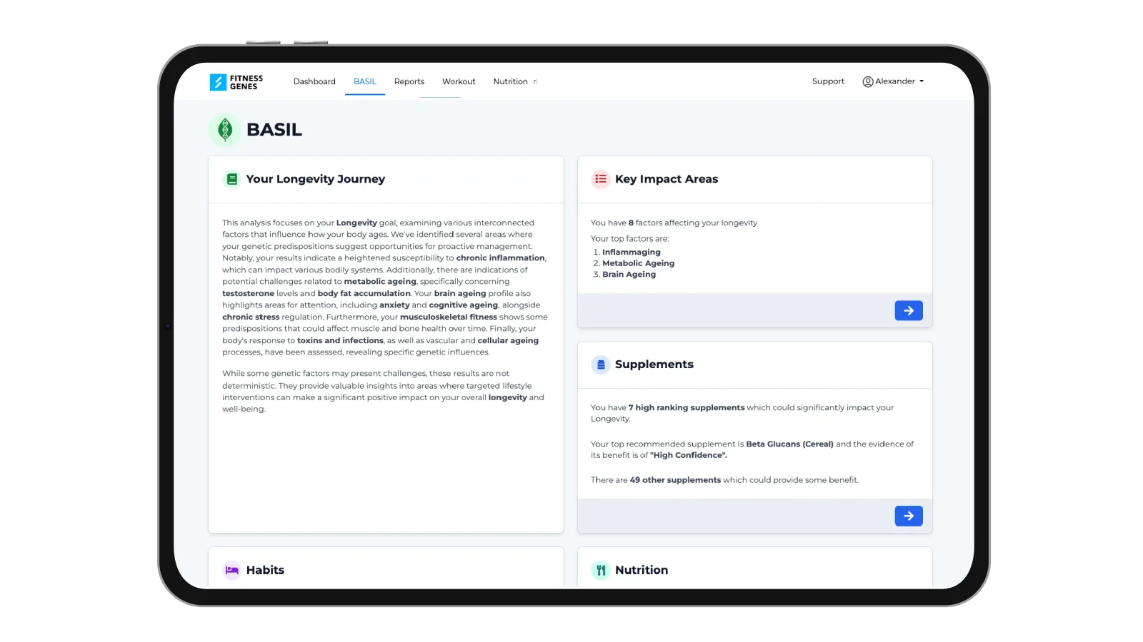 Dashboard di BASIL AI, il coach per la longevità, che classifica le abitudini quotidiane più importanti per te